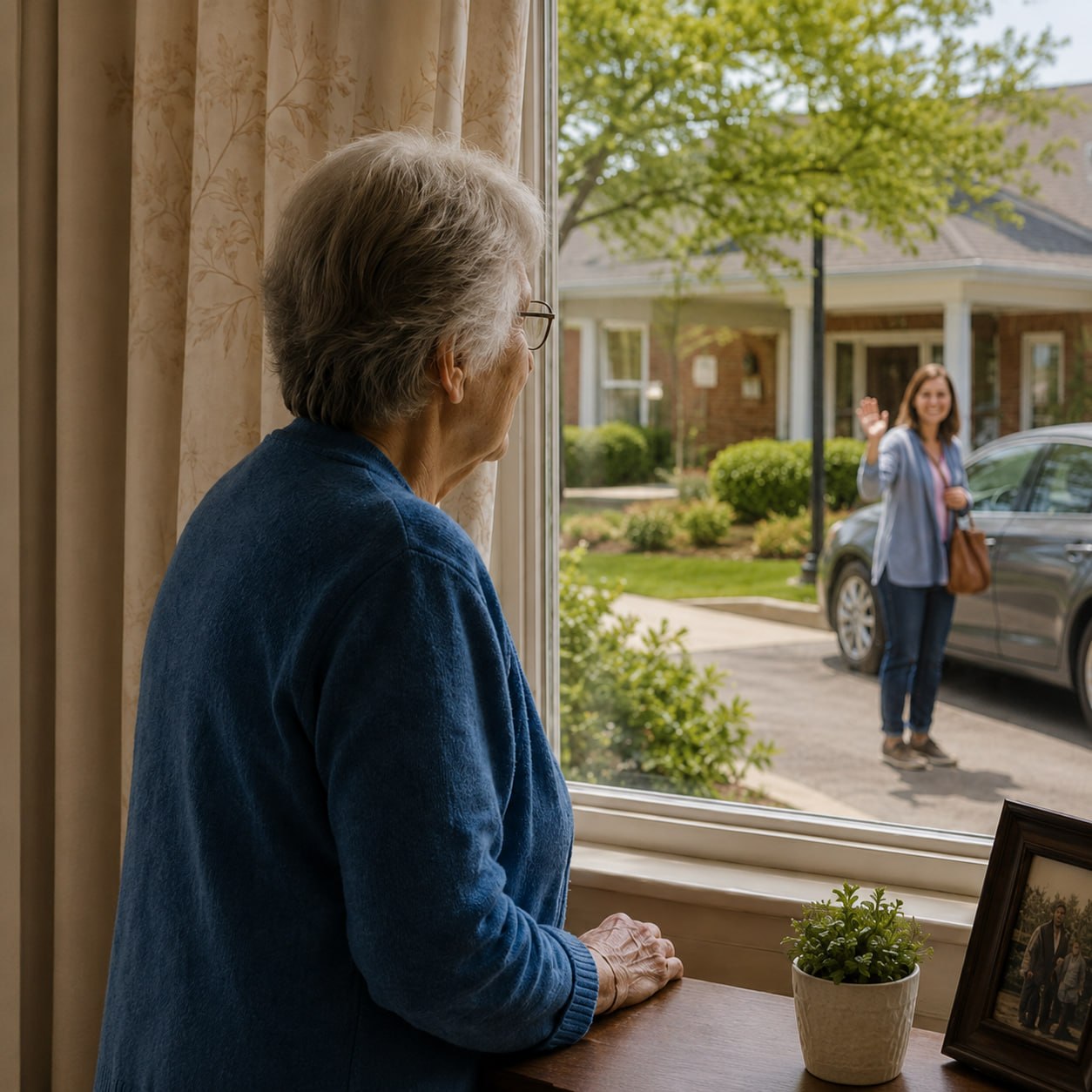 Family member visiting a loved one in care